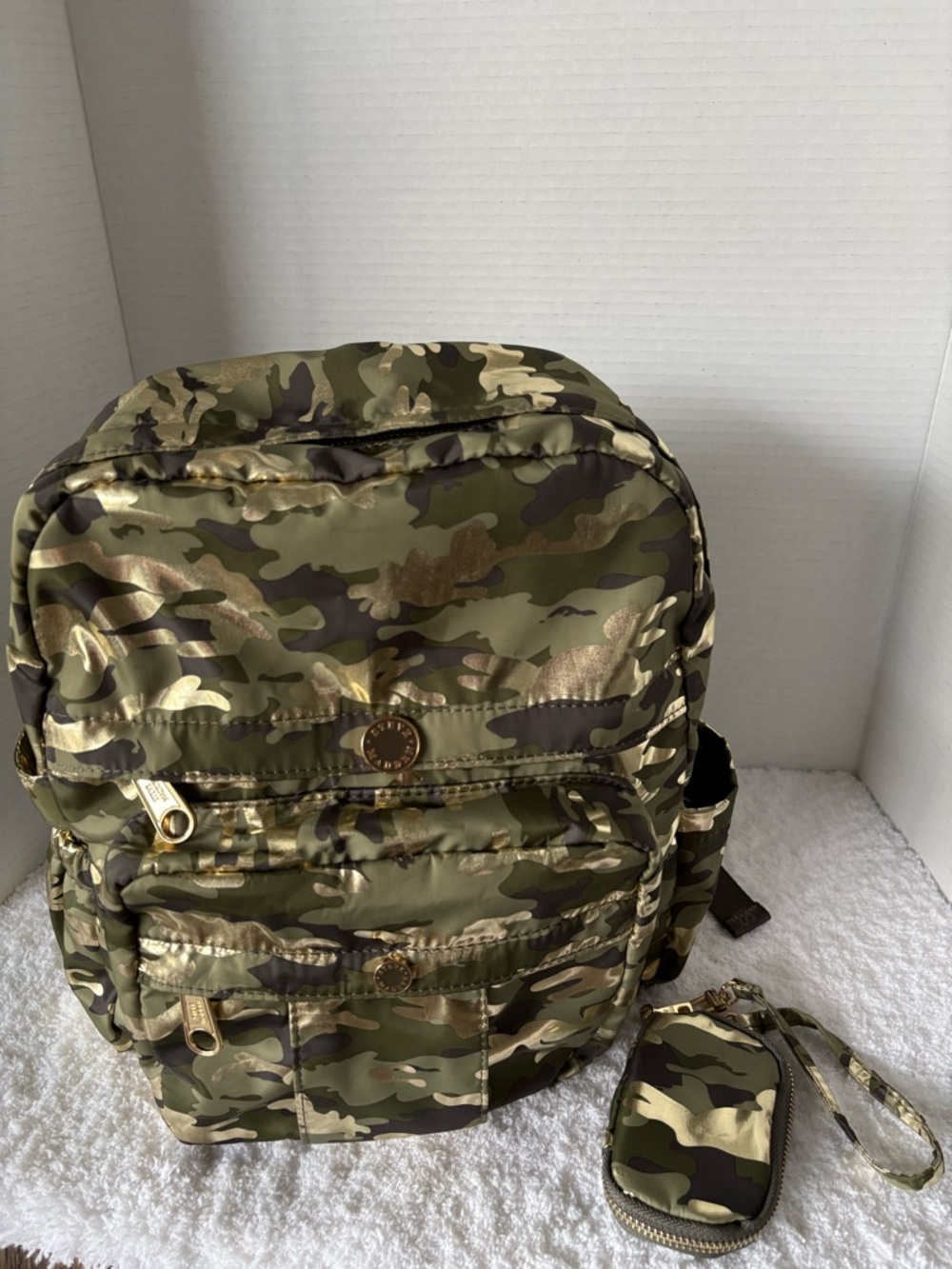 Steve Madden Olive Green & Gold Metallic Camo Print Backpack with AirPod Case